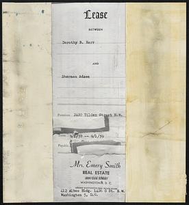 Here's Documentary Proof that Sherman Adams does not own the Washington house (top (right) in which he lives. Face of current lease on property (left) shows he rents house from Mrs. Dorothy Kerr, owner of record. Rent has been blanked out. Signatures are at bottom right.