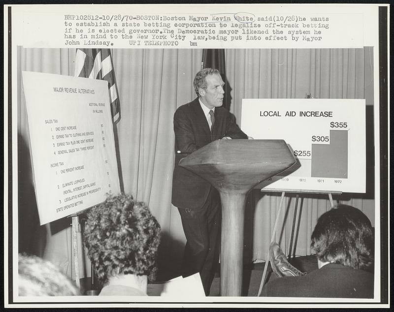 Boston Mayor Kevin White said (10/28) he wants to establish a state betting corporation to legalize off-track betting if he is elected governor. The Democratic mayor likened the system he has in mind to the New York City law, being put into effect by Mayor John Lindsay.
