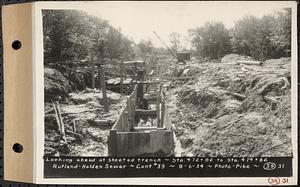 Contract No. 39, Trunk Line Sewer, Rutland, Holden, looking ahead at sheeted trench, Sta. 472+92 to Sta. 474+82, Rutland-Holden Sewer, Rutland, Mass., Sep. 6, 1934