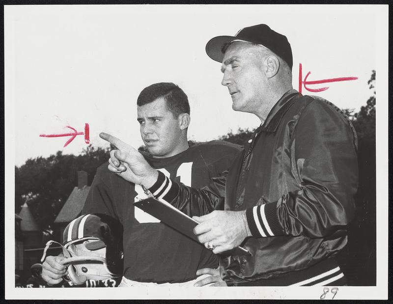 Looking 'Em Over-Coach Joe Zabilski and Northeastern captain Ken Sciacca look over loosening-up members of squad of 64 Huskies which answered opening gun yesterday at Kent Street