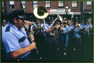 Boston - N. End 1981 - Members of a band play during the procession of St. Anthony's statue during St. Anthony's Feast