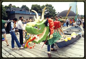 Boston - Hatch Shell: Spectators look over boats, Dragon Boat Fest 1982