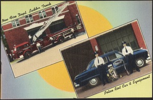 New fire dept. ladder truck. Police riot car & equipment