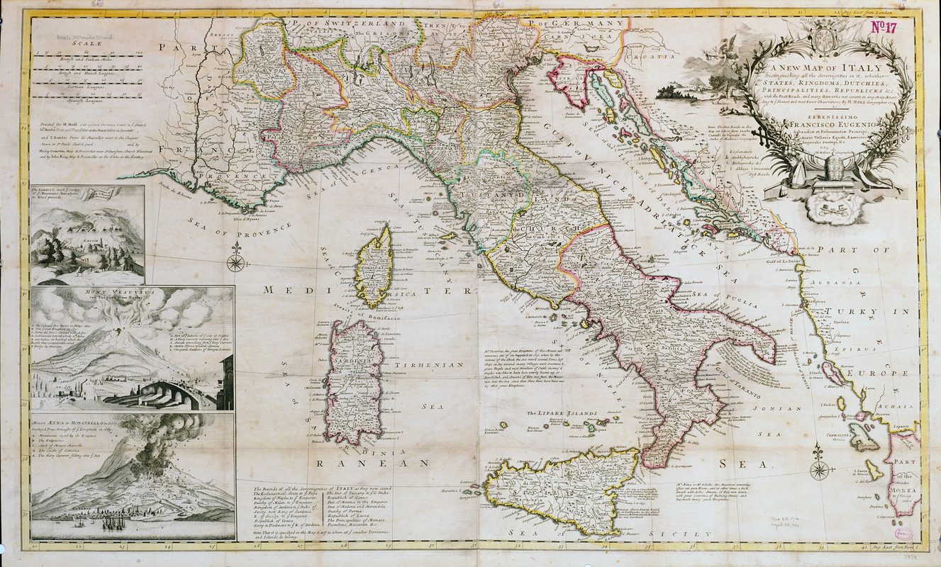 A new map of Italy distinguishing all the sovereignties in it, whether states, kingdoms, dutchies, principalities, republicks, &c