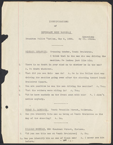 Sacco-Vanzetti Case Records, 1920-1928. Prosecution Papers. Identifications of Defendant Bert Vanzelli (sic) Questions by Mr. Adams, May 6, 1920. Box 27, Folder 2, Harvard Law School Library, Historical & Special Collections