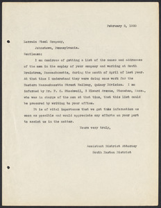 Sacco-Vanzetti Case Records, 1920-1928. Prosecution Papers. Correspondence: H.P. Williams and Lorain Steel Co., 1920-1921. Box 27, Folder 3, Harvard Law School Library, Historical & Special Collections