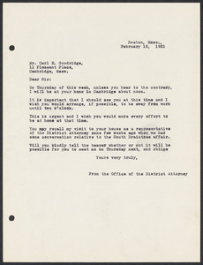 Sacco-Vanzetti Case Records, 1920-1928. Prosecution Papers. Office of District Attorney to Carl E. Goodridge, February 15, 1921. Box 27, Folder 6, Harvard Law School Library, Historical & Special Collections