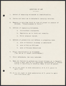 Sacco-Vanzetti Case Records, 1920-1928. Prosecution Papers. Outline "Questions of Law," n.d. Box 27, Folder 16, Harvard Law School Library, Historical & Special Collections