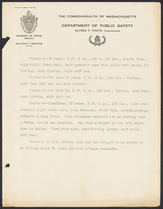 Sacco-Vanzetti Case Records, 1920-1928. Prosecution Papers. Mass. Dept. of Public Safety Typewritten notes re: suspects, n.d. Box 27, Folder 17, Harvard Law School Library, Historical & Special Collections