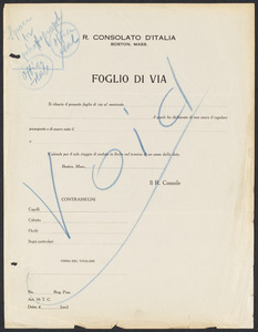 Sacco-Vanzetti Case Records, 1920-1928. Prosecution Papers. Foglio di Via from Italian Consulate in Boston (blank form), n.d. Box 27, Folder 23, Harvard Law School Library, Historical & Special Collections