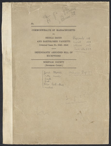 Sacco-Vanzetti Case Records, 1920-1928. Prosecution Papers. Notebook of witnesses' statements. Includes index of witnesses to be interviewed or not, 1921. Box 27, Folder 27, Harvard Law School Library, Historical & Special Collections