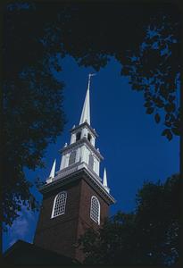 View through treetops of Old North Church steeple, Boston
