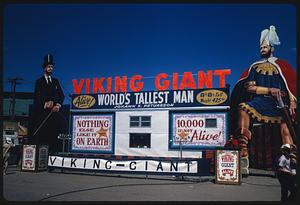Carnival attraction advertising Viking Giant Johann K. Petursson at Royal American carnival