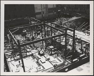 Construction of Boylston Building, Boston Public Library, oblique view of framing for first floor