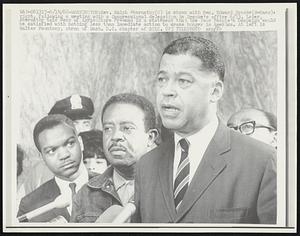 Rev. Ralph Abernathy (C) is shown with Sen. Edward Brooke (R-Mass), right, following a meeting with a Congressional delegation in Brooke's office 6/13. Later, Abernathy told Secy of Agriculture Freeman in a statement that the Poor People's Campaign would be satisfied with nothing less than immediate action to erase hunger in America. At left is Walter Fauntroy, chrmn of Wash. D.C. chapter of SCLC.