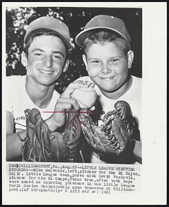 Little League Starting Pitchers--Mike Salvator, left, pitcher for the El Cajon, Calif. Little League team, poses with David Vaclavik, pitcher for the El Campo, Texas team, after both boys were named as opposing pitchers in the Little League World Series championship game tomorrow at Williamsport.