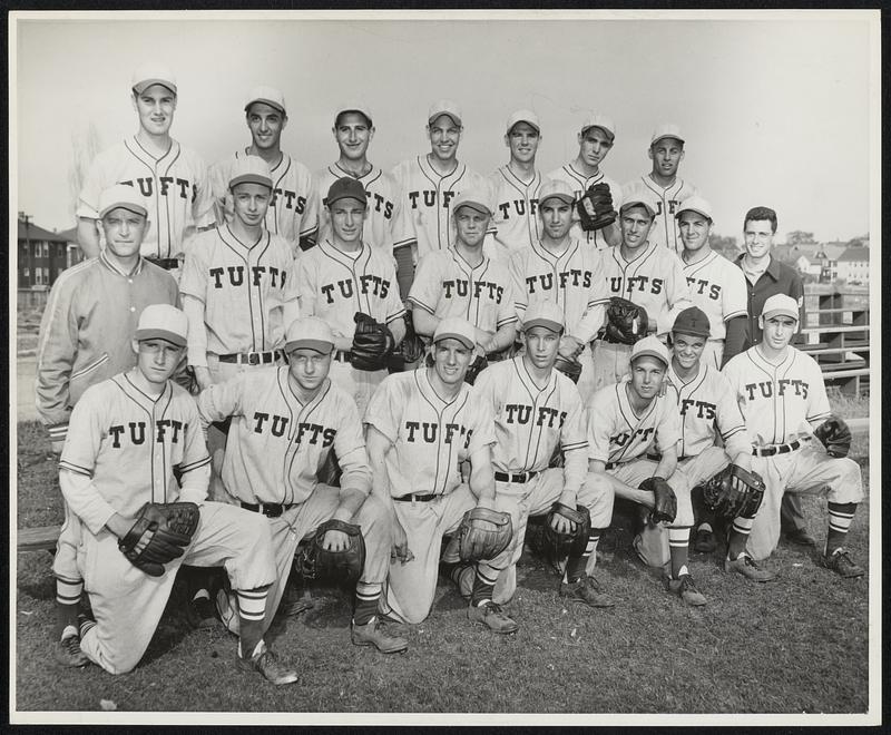 Tournament Bound Jumbos of Tufts, New England hopes on the N.C.A.A baseball tournament at Omaha, open Friday against Washington State. The squad: FRONT (l. to r.) Bob Taft, Bill Burns, Rudy Fobert, Bob Lauber, Arnie Castagner, AL Bennet and Julie Doliner. (middle) Coach Jit Ricker George Minot, Ellie Davis, Moon Mullin, Johnnie Panagaos, Don West. Al Boyages and Manager Ralph Golstein, (Rear), Ray Wildon, Bud Niles, Jim Jabbour, John Lowe, Al Thomann, Perry Richardson and Ed Schluntz.