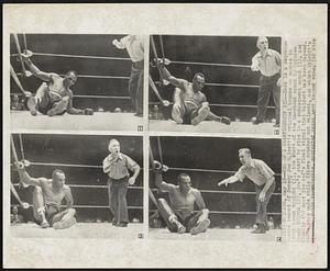 End of a Championship Bid--Here is a sequence camera record of Jersey Joe Walcott's original bounce on canvas in first round tonight (1), the start of the knockout count by Referee Frank Sikora (2), Joe's start to rise in a subsequent count (3), and finally (4) near the ref's final signal that Walcott has been kayoed. Shots were made while Sikora counted out Walcott, and which Walcott's Felix Bocchicchio protested never went beyond nine.