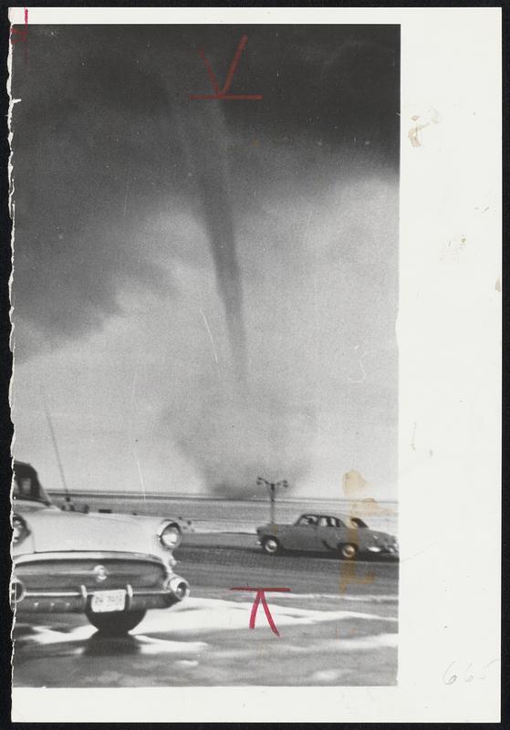 One of Eight waterspouts sighted off the beach aat Galveston, Tex. Soome sucked water 500 feet into the air. A waterspout is a tornado over water.