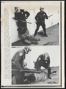 A Bad Move -- One of the demonstrators at San Francisco State College decided to tackle a member of the Tactical Squad of the San Francisco police department today. It was a bad move. He was quickly overcome and placed under arrest. There were eight arrests on the campus today and the classes were suspended from Thursday morning on by President Robert Smith of the College.