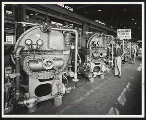 Each Sea Water distilling plant shown here is capable of producing 10,000 gallons of fresh water a day. The evaporators are designed and produced at Bethlehem Steel So.'s Quincy Shipyard for Nereus Shipping of Greece. Nereus placed order for 30 of the sea water evaporators, believed to be the largest number ever covered by a single commercial order. Features include automatic operation and low cost maintenance, Bethlehem said.
