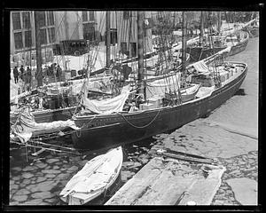 Fishing schooner Mary E. O'Hara next to other ships in icy conditions