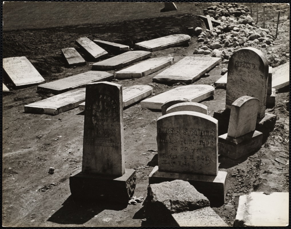 Stones lying around in new Quabbin cemetery.