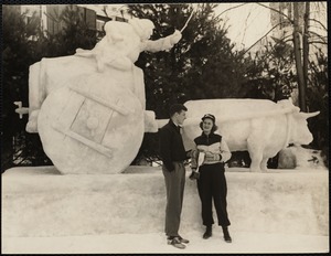 Queen, Dorothy Gerdner presenting Nat Saruple with cup for prize winning sculpture (in background). Dartmouth carnival