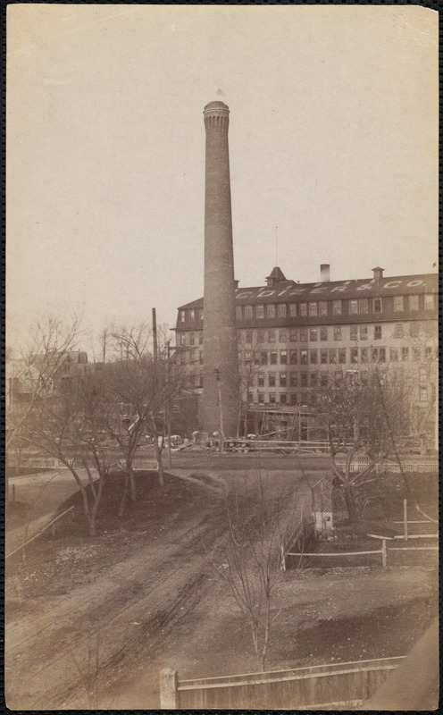 Brick chimney built by Gustavus Pratt for the Dizer Shoe Co. many years ago, and the factory is now destroyed, and the Lincoln-Perrault auto station now stands there