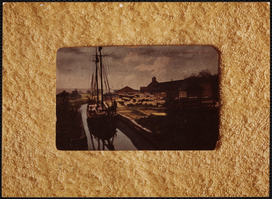 Rhines Lumber Co. with schooner unloading where Smelt Brook joins Monatiquot River circa 1900