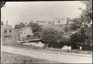 The old center factory and the falls and the roof of the carpenter shop can be seen through the trees on the right, used by the Weymouth Iron Co. many years ago