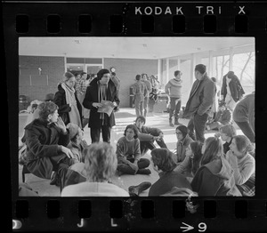 Student sympathizers meet inside Brandeis University administration building during sit-in