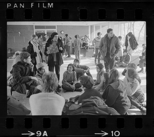 Student sympathizers meet inside Brandeis University administration building during sit-in