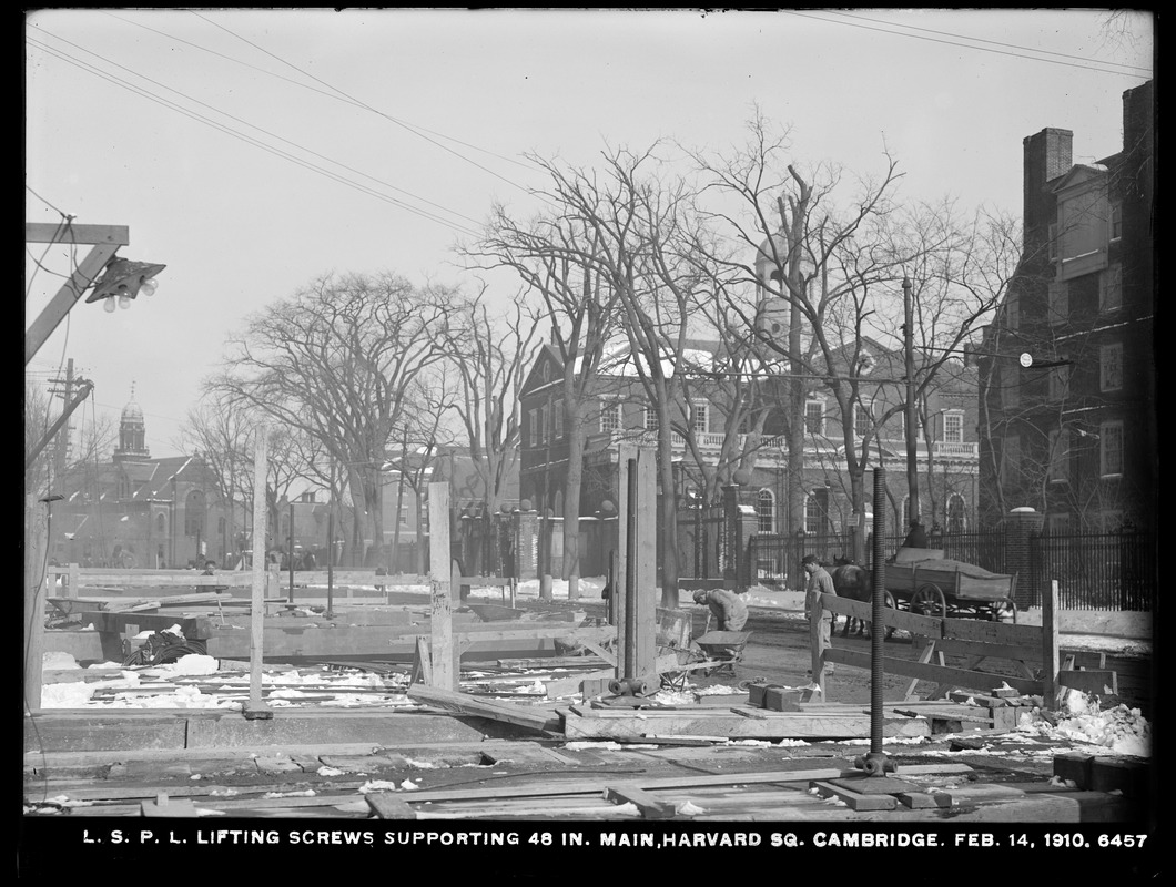 Distribution Department, Low Service Pipe Lines, lifting screws supporting 48-inch main, Harvard Square, Cambridge, Mass., Feb. 14, 1910