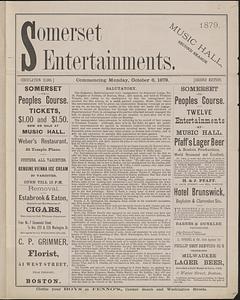Somerset Entertainments, Music Hall, second season, Monday October 6, 1879