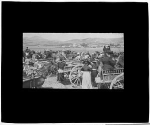 Cluster of people and horse-drawn carriages gathered by water