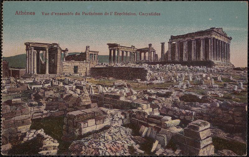 Athènes. Vue d'ensemble du Parthénon de l'Erechteion. Caryatides