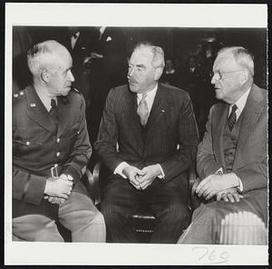 Urge Approval of Japanese Peace Treaty-- Gen. Omar Bradley, chairman of the joint chiefs of staff; Secretary of State Dean Acheson, and John Foster Dulles (left to right) appear before the Senate foreign relations committee to urge approval of the Japanese peace treaty and three other security pacts.