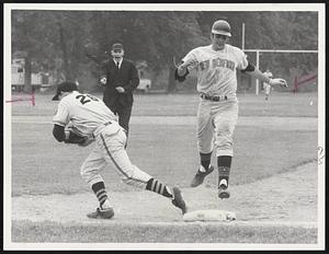 Whaler Caught - New Bedford base runner Tom Farias is doubled off first base in fourth-inning double play by Newton, which had pitcher Paul catch a pop and throw to Chuck Pendergast, covering first.