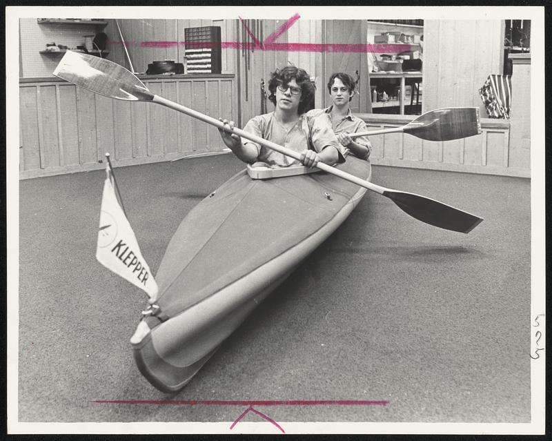 Making a dry run in their collapsible canoe are Murray Solomon, front, and Mark Shoul.