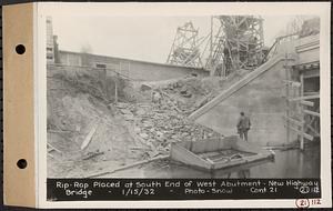 Contract No. 21, Portion of Ware-Belchertown Highway, Ware and Belchertown, rip-rap placed at south end of west abutment, new highway bridge, Ware and Belchertown, Mass., Jan. 15, 1932