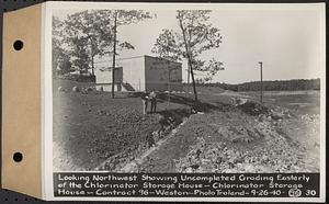 Contract No. 96, Chlorine Storage House and Equipment and Chlorinating Equipment for Gate House at Norumbega Reservoir, Weston, looking northwest showing uncompleted grading easterly of the chlorinator storage house, chlorinator storage house, Weston, Mass., Sep. 26, 1940