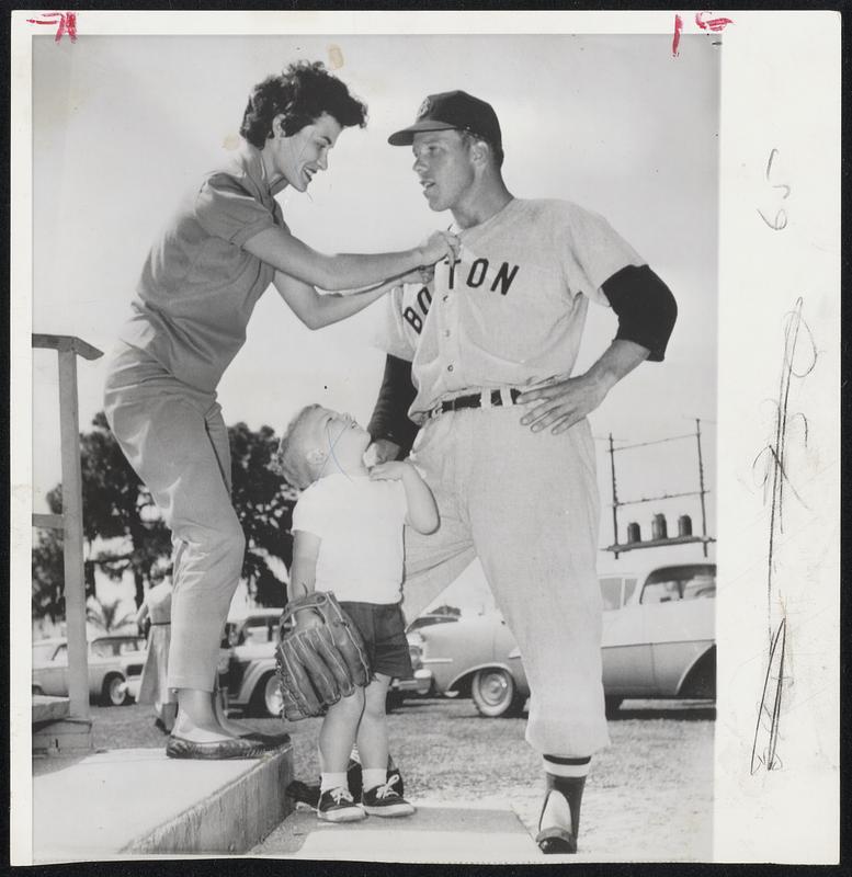 All Set, Dad-Al Schroll, Red Sox pitcher, gets family sendoff from wife, Fran, and three-year-old son, Mike, as he leaves for workout.