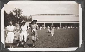 Four unidentified women in front of the Koussevitzky Music Shed