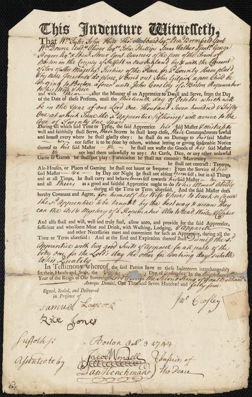 John Gilpin indentured to apprentice with John Crosley of Boston, 5 September 1744