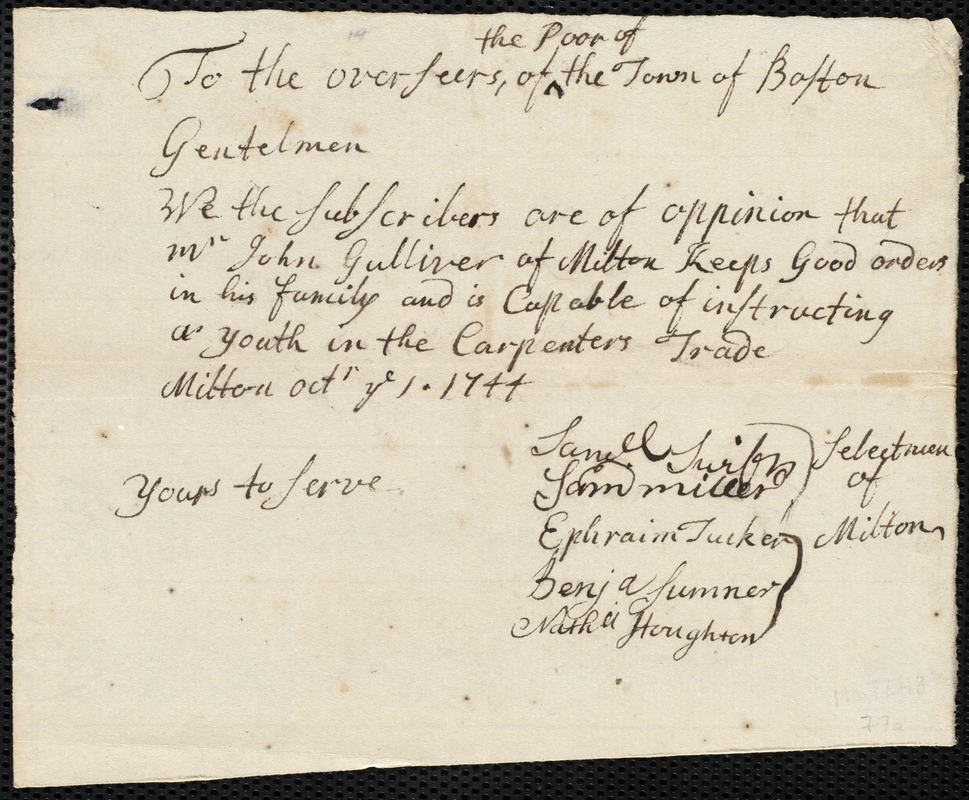 George Saunders indentured to apprentice with John Gulliver of Milton, 3 October 1744