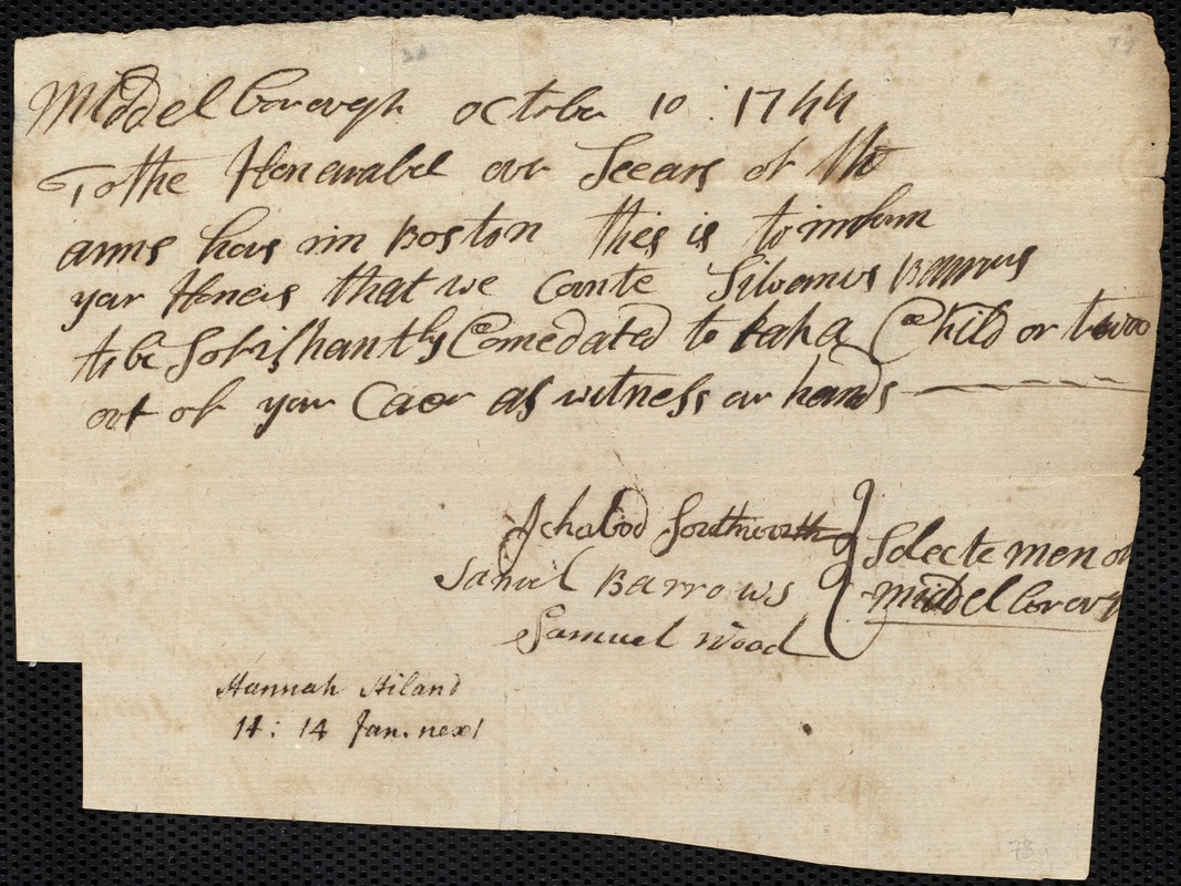 Hannah Hiland indentured to apprentice with Sylvanus Barrows of Middleboro, 7 November 1744