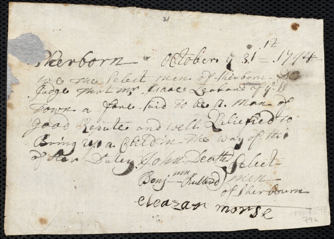 John Squire indentured to apprentice with Isaac Lealand of Sherborn, 7 November 1744