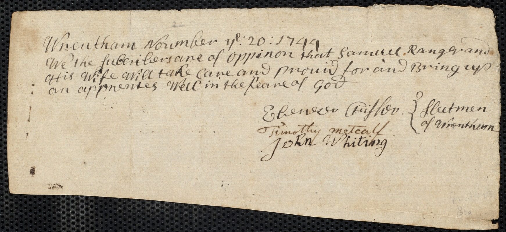 Mercy Clay indentured to apprentice with Samuel Ranger of Wrentham, 5 December 1744