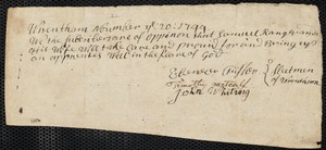 Document of indenture: Servant: Clay, Mercy. Master: Ranger, Samuel. Town of Master: Wrentham. Selectmen of the town of Wrentham autograph document signed to the [Overseers of the Poor of the town of Boston]: Endorsement Certificate for Samuel Ranger.